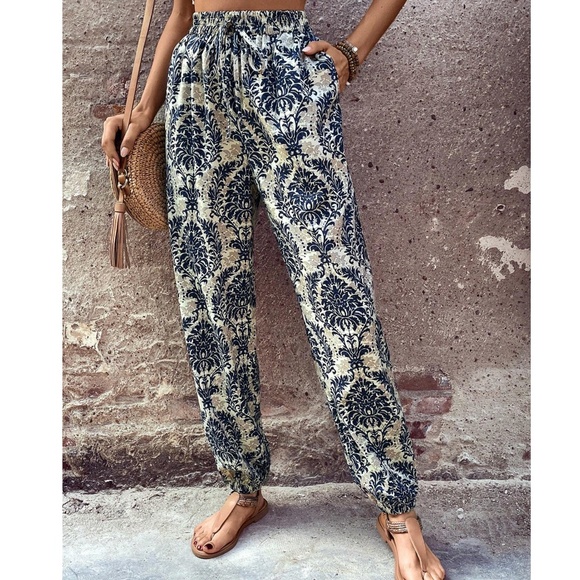 08 Boho Floral Print Stretchy waist Pockets Joggers Pants - Picture 1 of 3